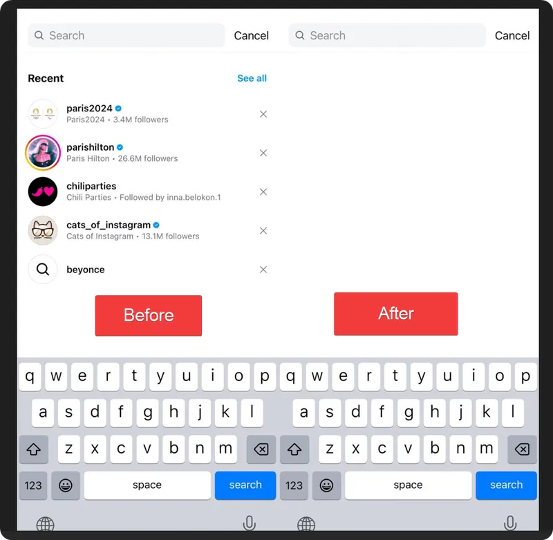 screen comparison showing the Instagram search bar with suggestions screen comparison showing the Instagram search bar with suggestions
