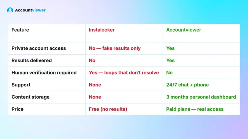 Instalooker vs Accountviewer comparison table — private access, support, content storage, price