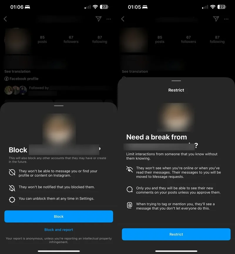 Instagram restrict vs block comparison — Accountviewer