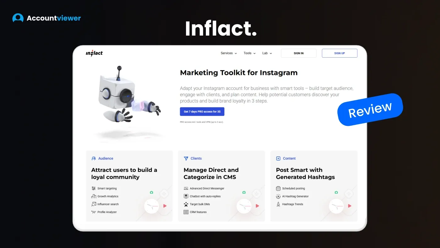 Inflact review by Accountviewer — Inflact homepage showing Marketing Toolkit for Instagram features Inflact review by Accountviewer — Inflact homepage showing Marketing Toolkit for Instagram features