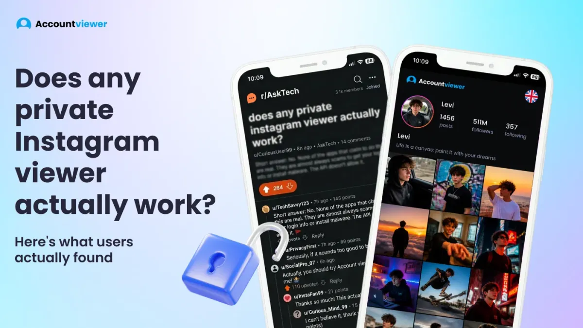 Reddit thread asking if any private Instagram viewer works — Accountviewer dashboard showing private profile content as the answer